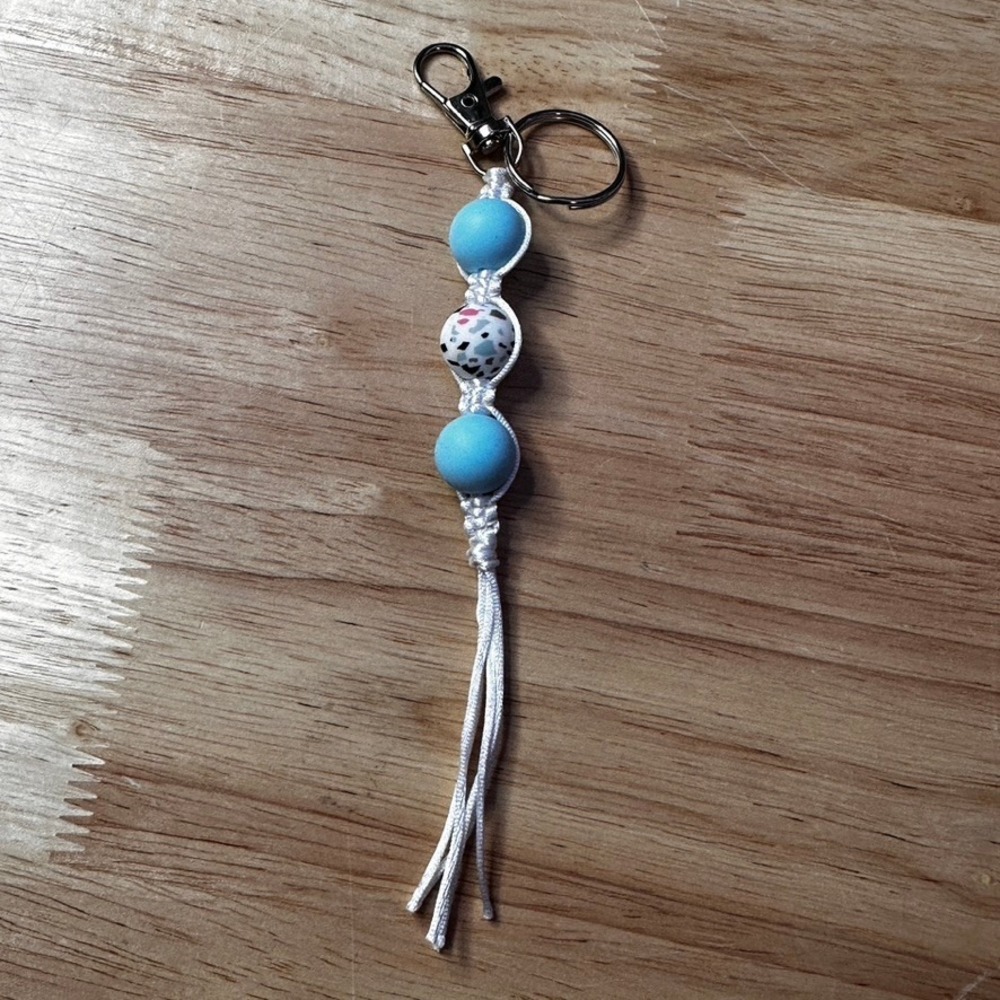 Handmade Macrame Silicone Bead Keychain Blue Terrazzo Boho Bag Charm Silver Tone